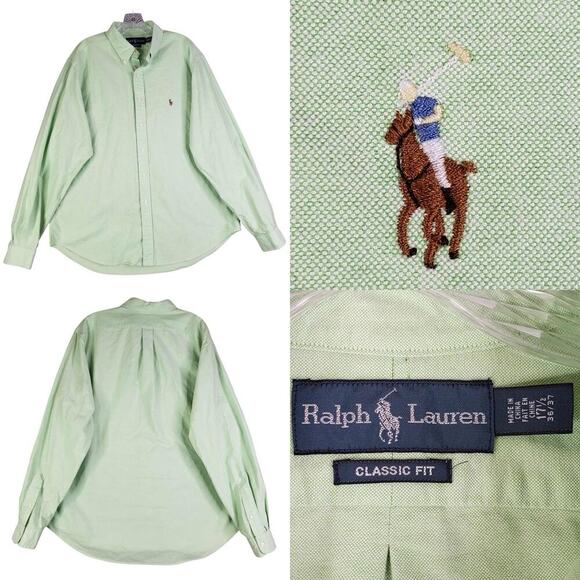 Polo Ralph Lauren Shirt Oxford Button Down Mens Size 17.5 XL Solid Green LS - Picture 1 of 8